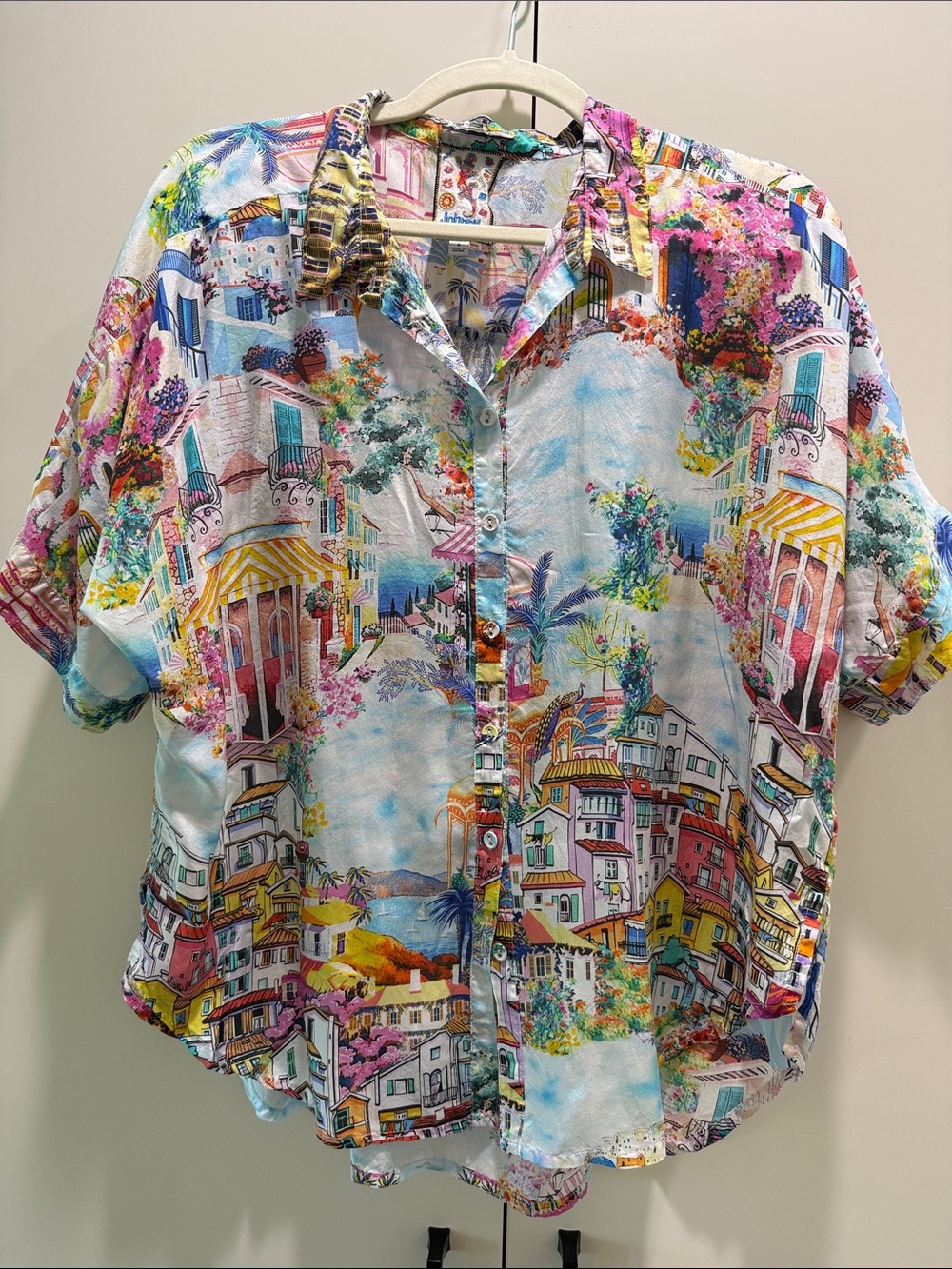 Johnny Was Silk Tropical Print Shirt - Teal, Pink, Yellow